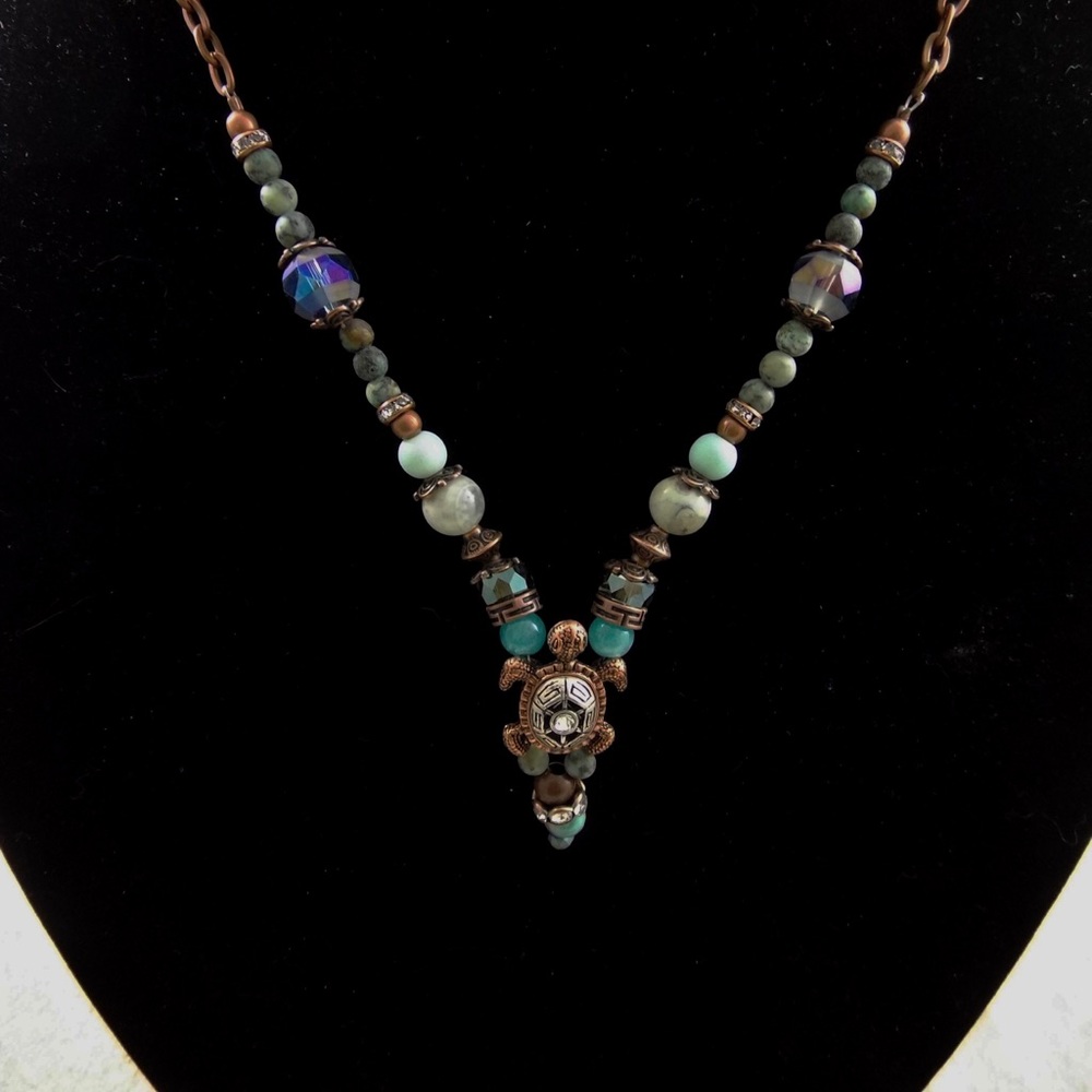Copper and gemstone turtle necklace